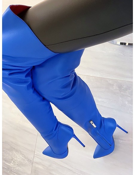 1969 Original Made in Italy All Nappa Leather High Heels Pigalle Style Stiletto Overknee OTK Boots Blue