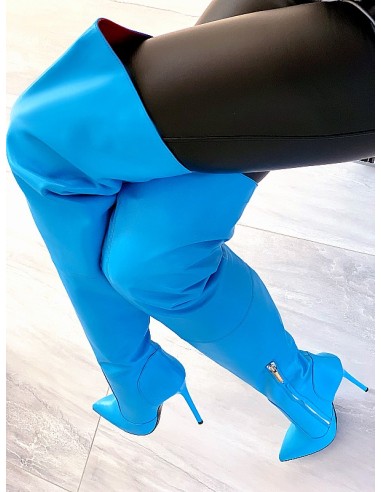 1969 Original Made in Italy All Nappa Leather High Heels Pigalle Style Stiletto Overknee OTK Boots Sky Blue