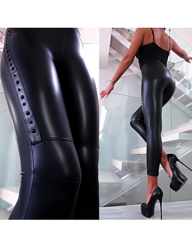 Bonito Pronto Moda Stretch Soft Leather Look Spike Leggings Black