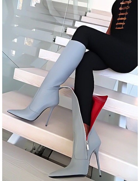 1969 Original Made in Italy All Nappa Leather High Heels Anouk Style Stiletto Boots Grey