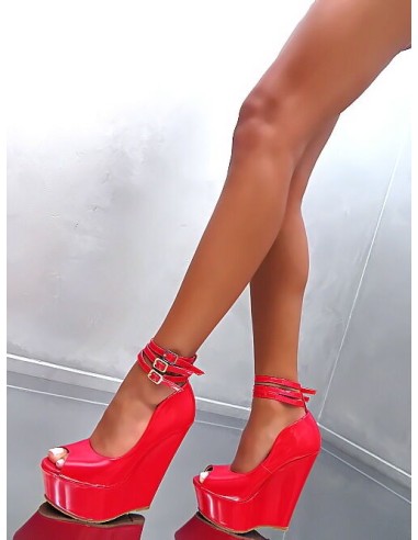 GoGo Original Designer Wedge Ankle Belt Pumps Red