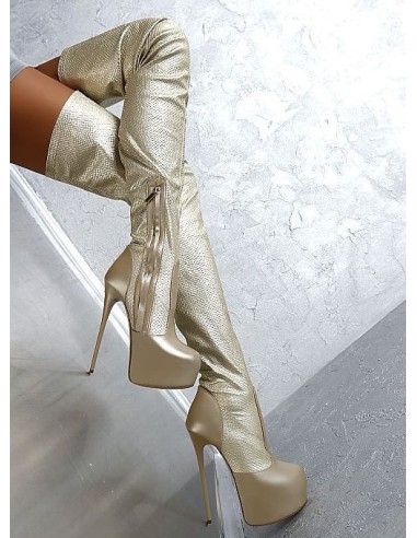 1969 Original Made in Italy High Heels Iconic AST Style Stiletto Overknee OTK Stretch Platform Boots Gold