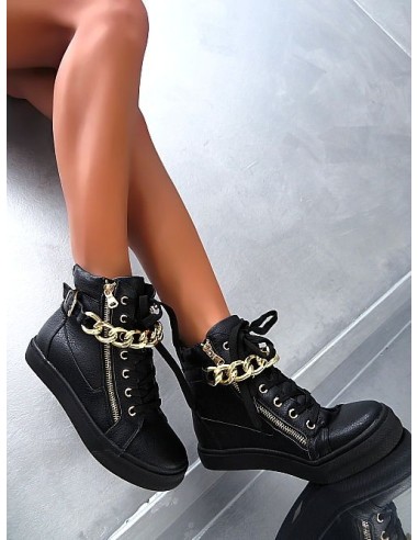 Flyfor Original Iconic High Top Sneakers Gold Chain Boots Black