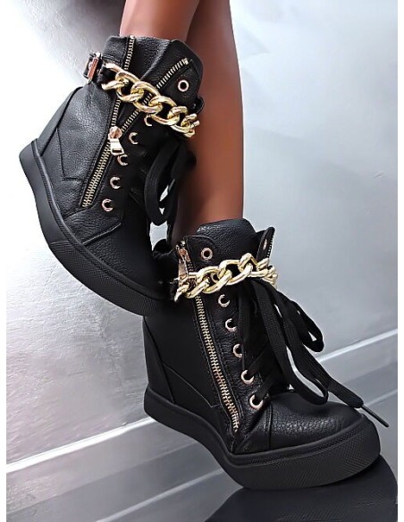 Fashion Women Original Iconic High Top Hidden Platform Sneakers Gold Chain Boots Black