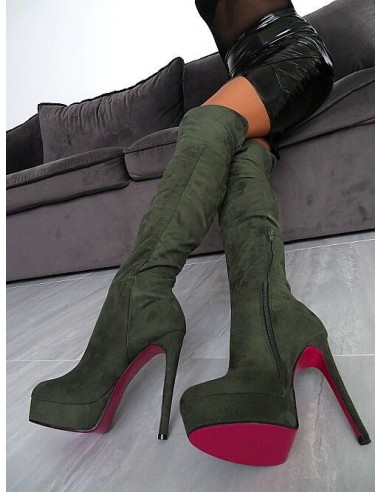 Diamantique Original High Heels Overknee OTK Platform Boots Olive