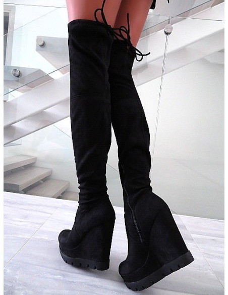 Diamantique Original High Heels Overknee OTK Wedge Platform Boots Black